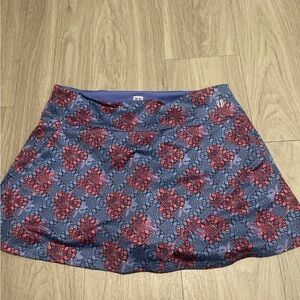 EleVen by Venus Williams Blue Skater Skirt with Red Floral Pattern